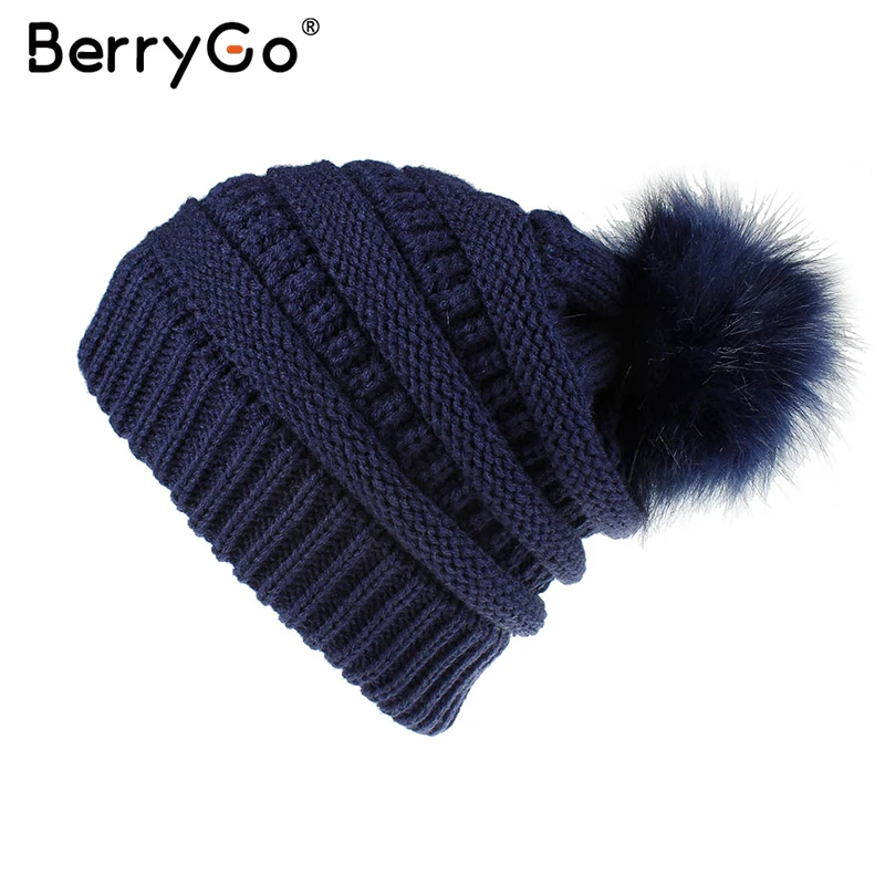 Тёмно-синий BerryGo, съемная зимняя меховая шапка с помпоном, женская уличная одежда, повседневная женская теплая мягкая шапка, женская элегантная сплошная шикарная Осенняя шапка - Цвет: Тёмно-синий