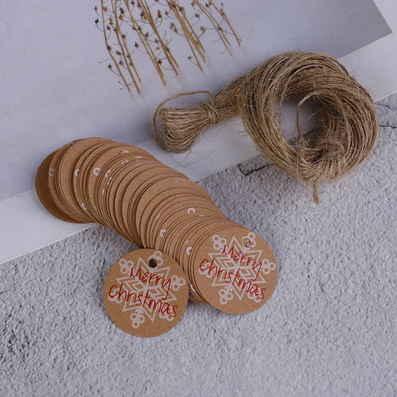 100pcs/Set Merry Christmas Kraft Paper Gift Tags with Jute Twine DIY Crafts Tags