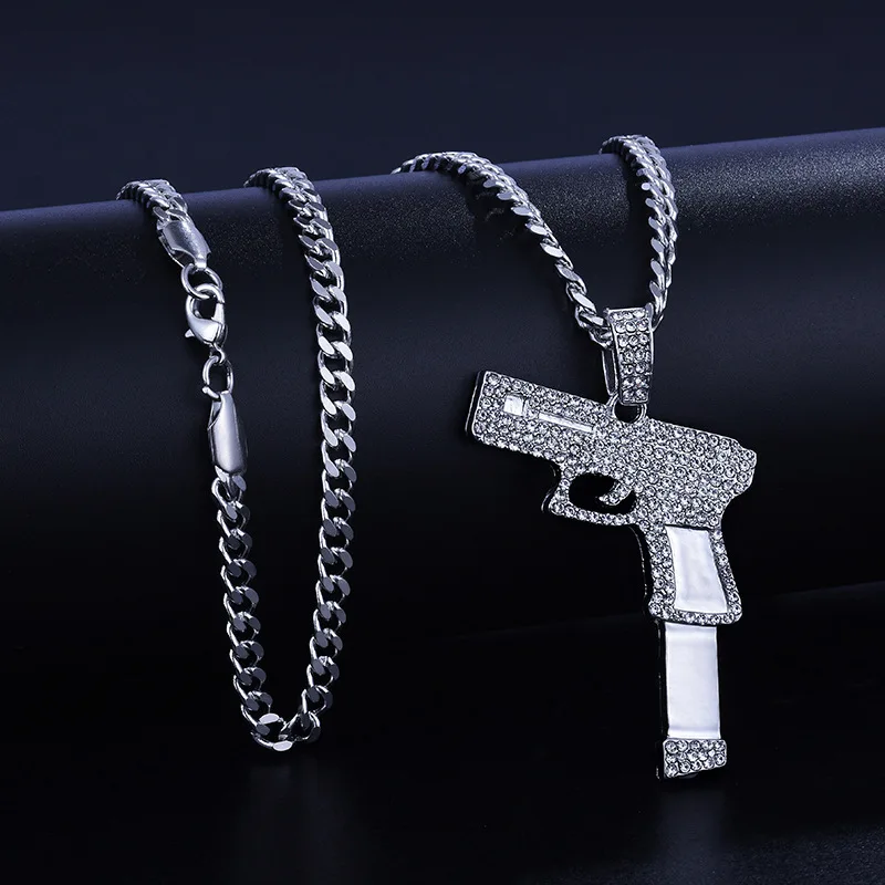 

Bing Rock Hip Hop Iced Out Rope Gun Square Pendants Necklaces for Men Fashion Jewelry Gold Sliver Chain Wholesale