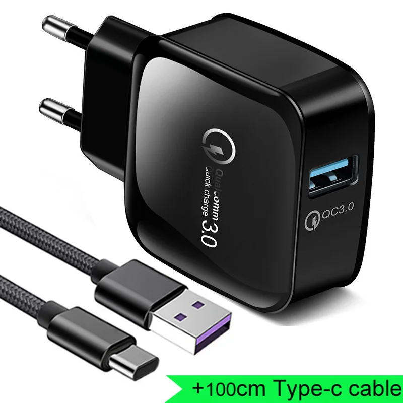 with Type C cable USB зарядное устройство 18 Вт Быстрая зарядка QC 3,0 USB Сетевое зарядное устройство для телефона Универсальный Быстрый Кабель-адаптер для iPhone 6 7 8 X Xs MAX samsung xiaomi - Тип штекера: with Type C cable