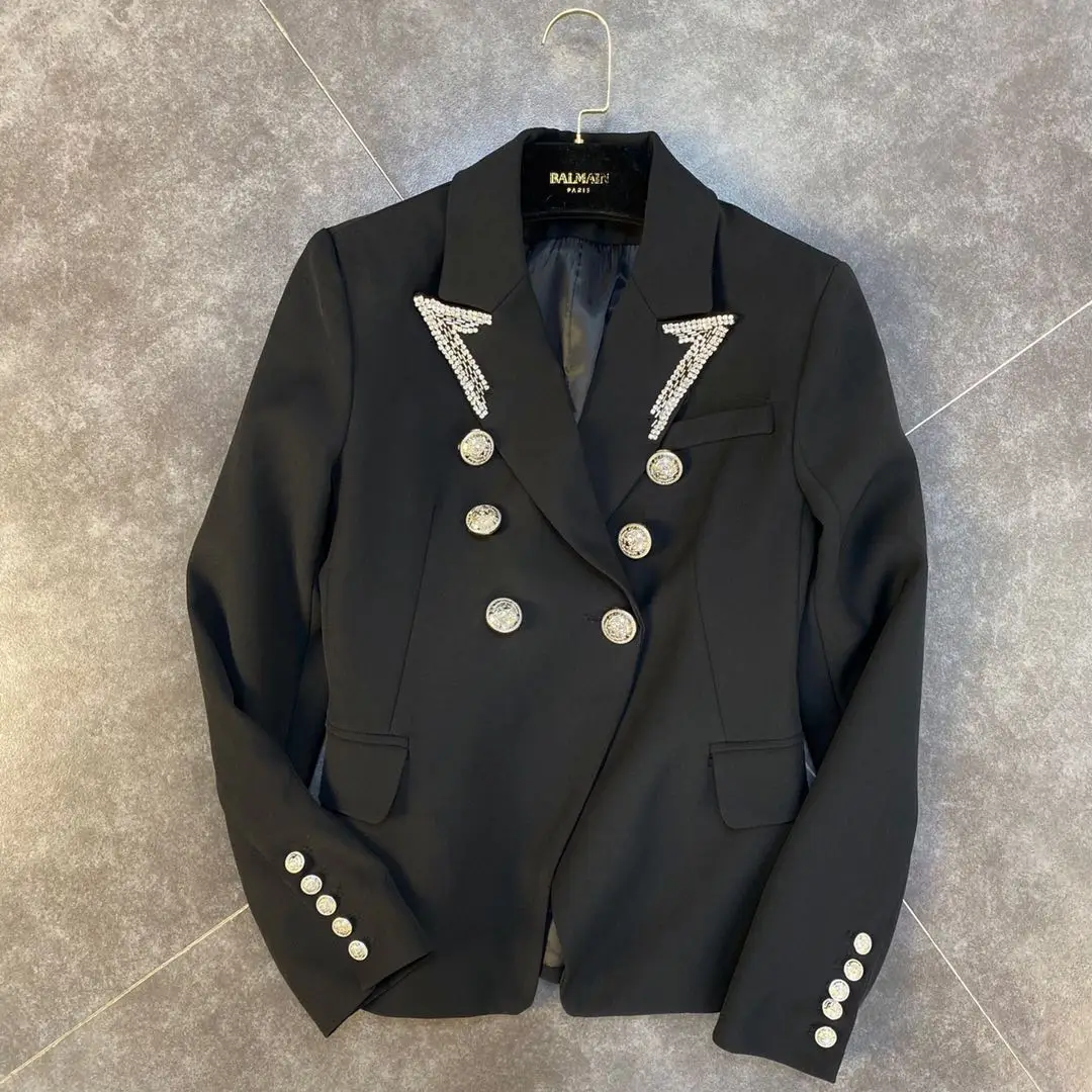 Luxury Classic Long Sleeve Blazer Women White Black Vintage Double Breasted Slim Fit Suit Jacket Coat Office Ladies Work Formal