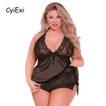 

CyiExi Black/Green Plus Size Halterneck Satin Cami Set Woman Sexy Lace Lingerie Sets Female Summer Sleeveless Pajamas Shorts Set