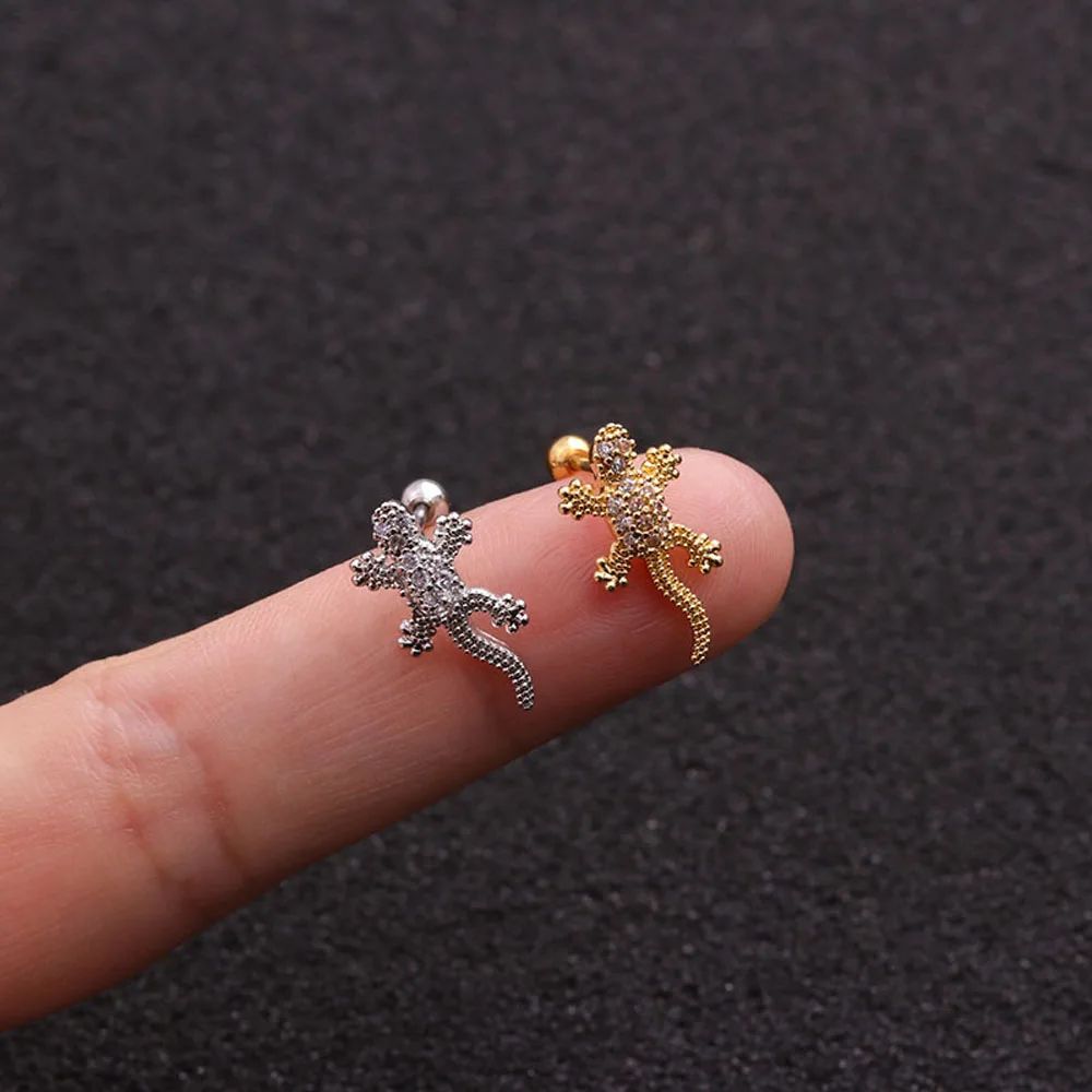 Personality Creative Animal Gecko Cartilage Earrings Stainless Steel Lizard Reptile Thread Stud Earrings Fashion Jewelry