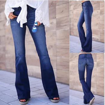 

Womens Vintage High Waist Flared Bell Bottom Jeans Trendy Dark Blue Denim Pants High Waisted Slim Fit Stretch Flared Denim Pants