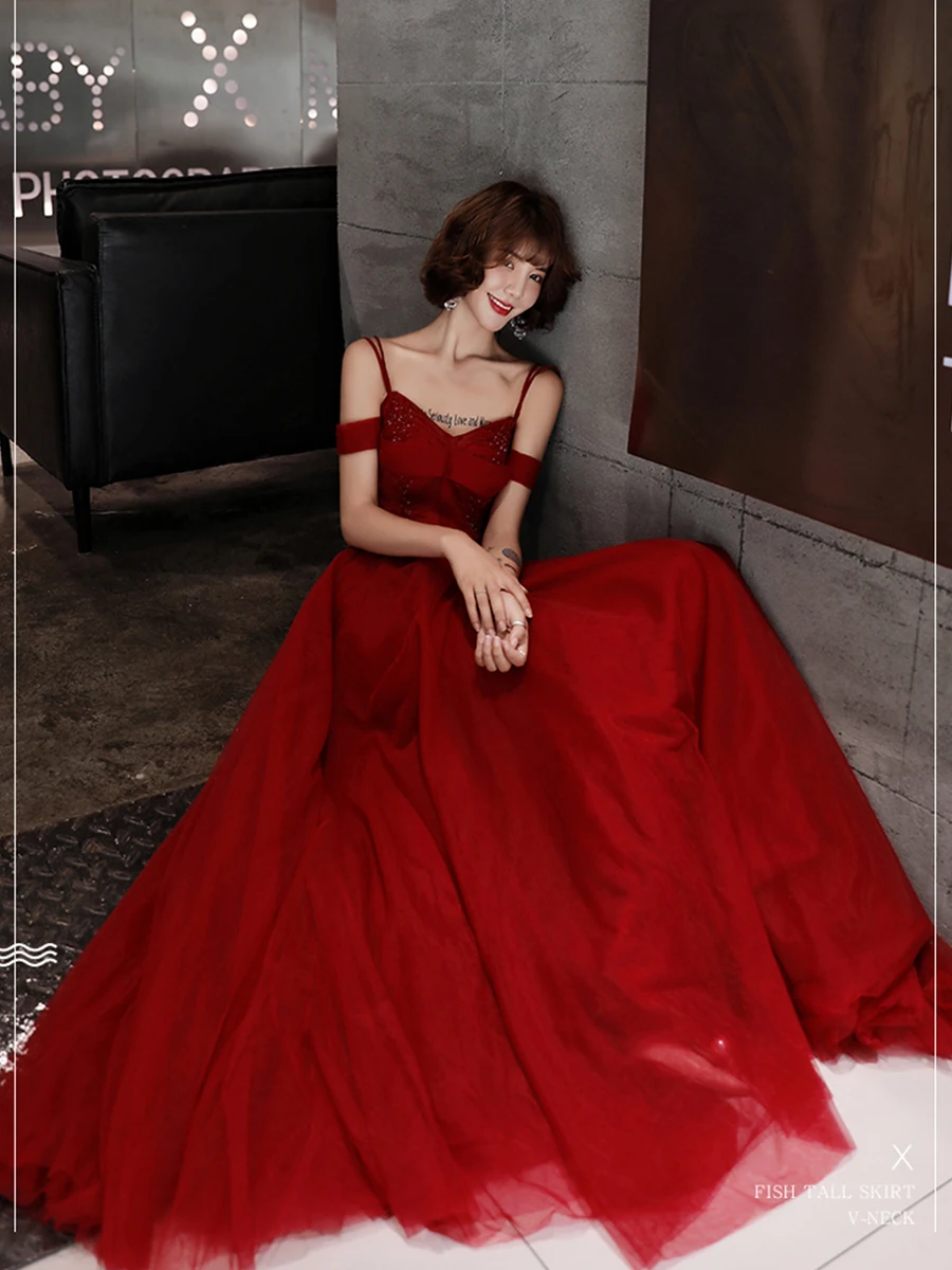 It's Yiiya Evening Dresses Burgundy Boat Neck Sling Formal Dress Elegant Beading Long Plus Size robe de soiree E1281