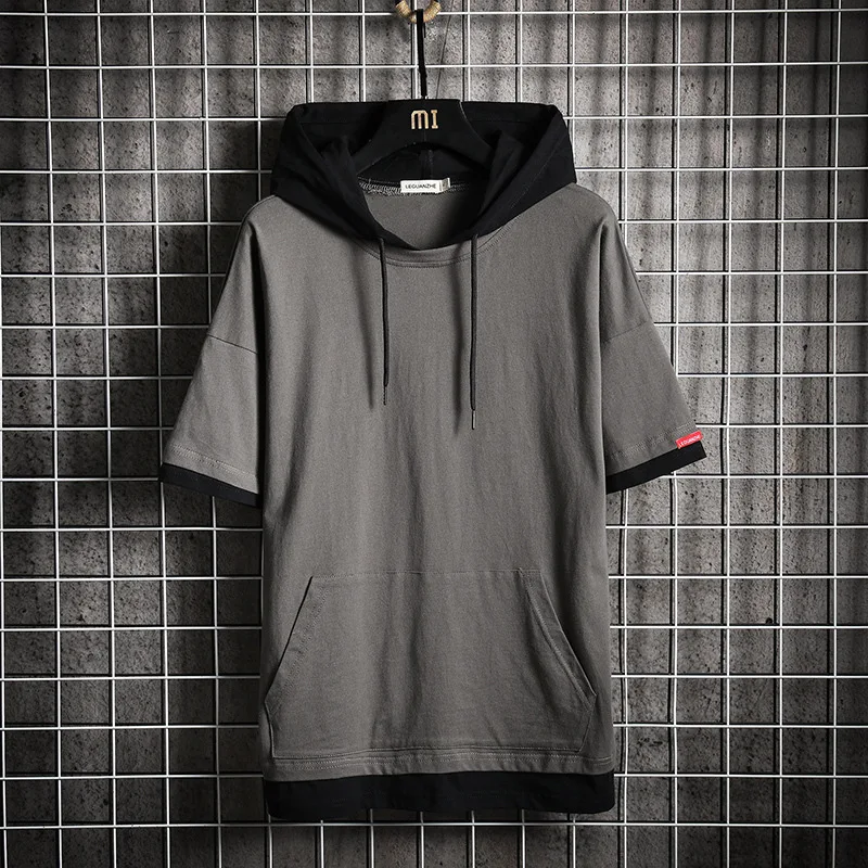 

2019 Summer New Style Japanese-style Grid Guapai Large Size Hooded Mock Two-Piece Short Sleeve M-5x Ht20