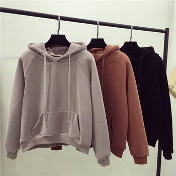 

Women's Harajuku Hooded Hoody Sweatshirt Solid Black Pocket Woman Pullover Long Sleeve 2019 Autumn Winter Jumpers Female Tops