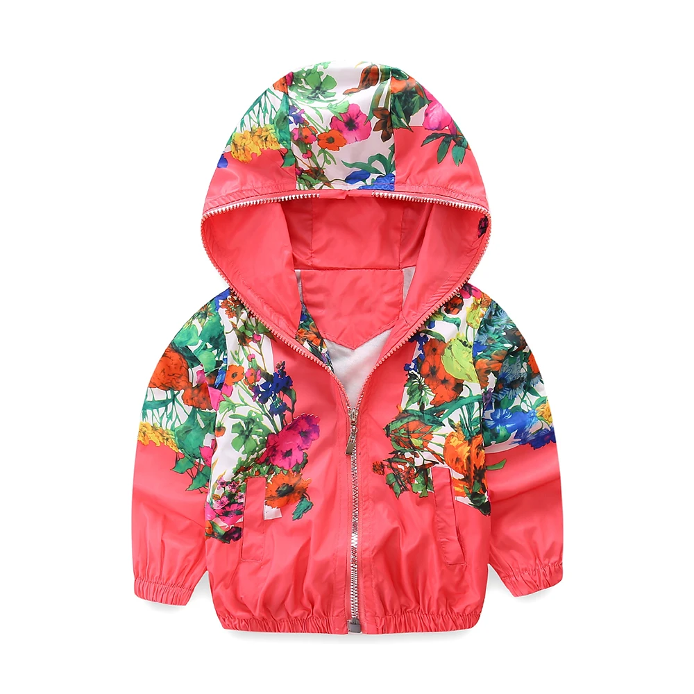 Куртка детская демисезонная на молнии с капюшоном и цветочным принтом|jackets for