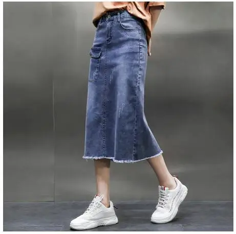 Новинка, 7XL, 8XL, 9XL, осенние джинсовые юбки, тянущаяся джинсовая юбка для женщин, плюс размер, Повседневная Длинная джинсовая юбка миди, одежда с высокой талией