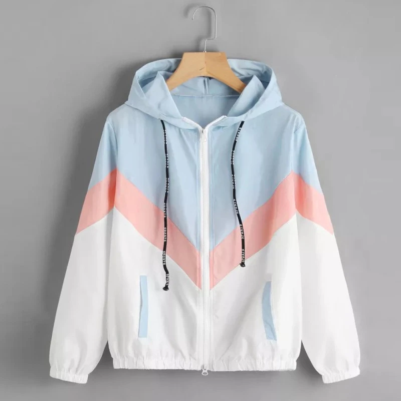 Las mujeres chaqueta cortavientos de retazos multicolores con capucha chaqueta con capucha chaquetas básicas de bloque de Color abrigos para mujeres|chaquetas básicas| - AliExpress