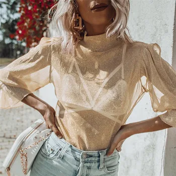 

2019 Sexy OL Style Women Sheer Mesh See Through Shirt Blouse Tops Spakry Long Flare Sleeve Turtleneck Top Shirt Blouse Outwear