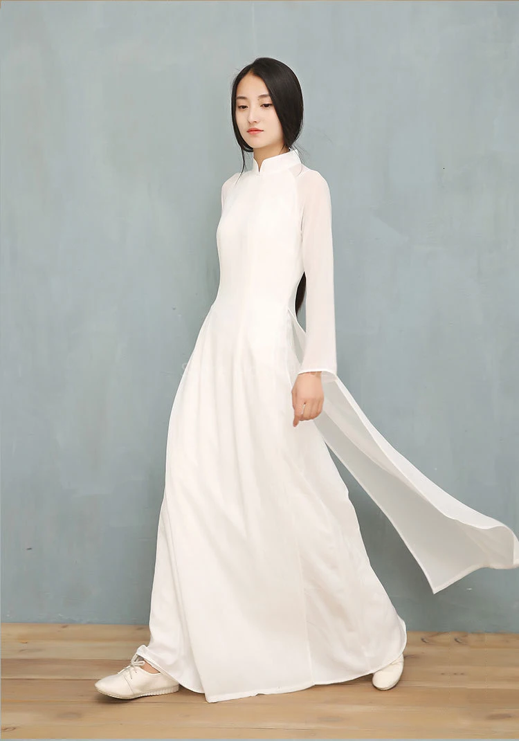 Vietnam Ao Dai White Solid Chiffon Perspective Dress for Woman Chinese Cheongsams Full Sleeve Female Oriental Dress