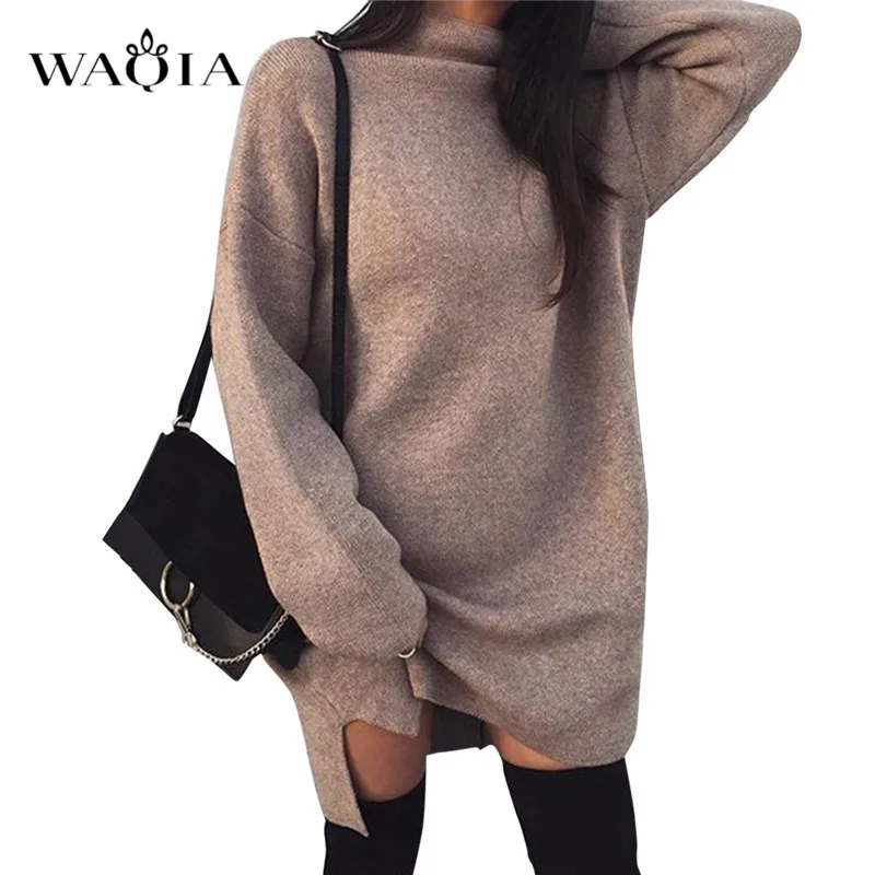 

Women Autumn Winter Long Sleeve Sweater Dress Fashion Casual Turtleneck Knitted Dresses Plus Size Side Split Loose Mini Dress