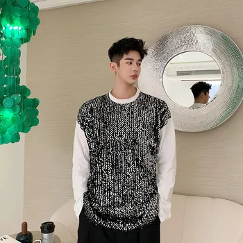 

Male Women Couple Nightclub Stage Show Tops Tees Shirts Men Reflective Sequins Long Sleeve T-shirt