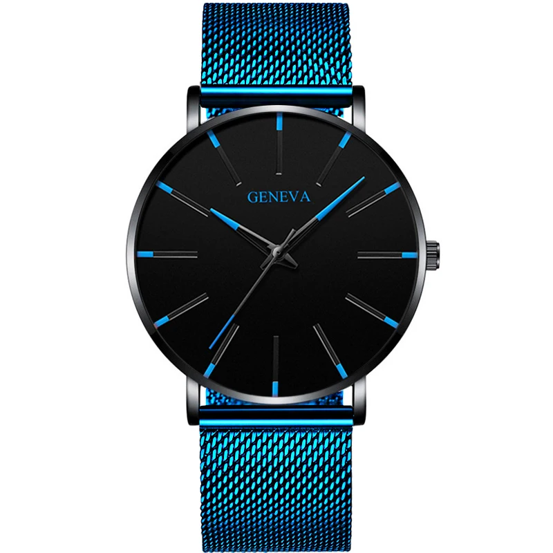 2022 Geneva Minimalist Watch Men Ultra Thin Blue Stainless Steel Mesh Belt Watches Man Business Casual Quartz Wrist Watch 
