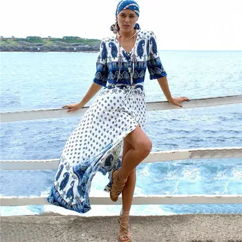 

Bohemian Printed 2020 Summer Women Beachwear Kaftan Cover-ups Beach Dress Cotton Tunic Swim Wear Cover Up Robe de plage