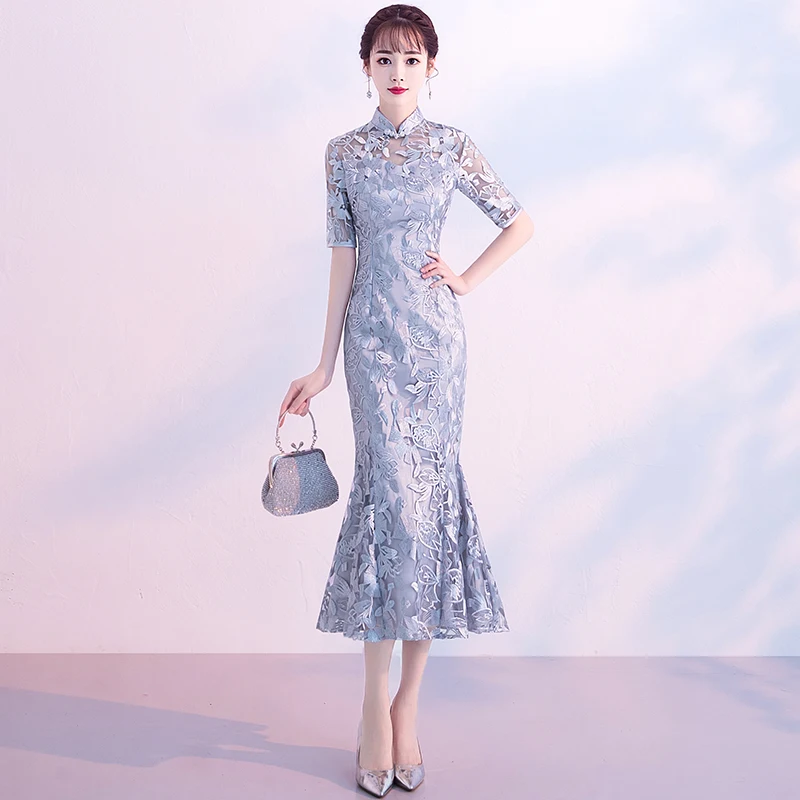 

Classic Mandarin Collar Cheongsam Mermaid Lady Slim Formal Party Prom Gown Exquisite Lace Chinese Dress Sexy Persepective Qipao