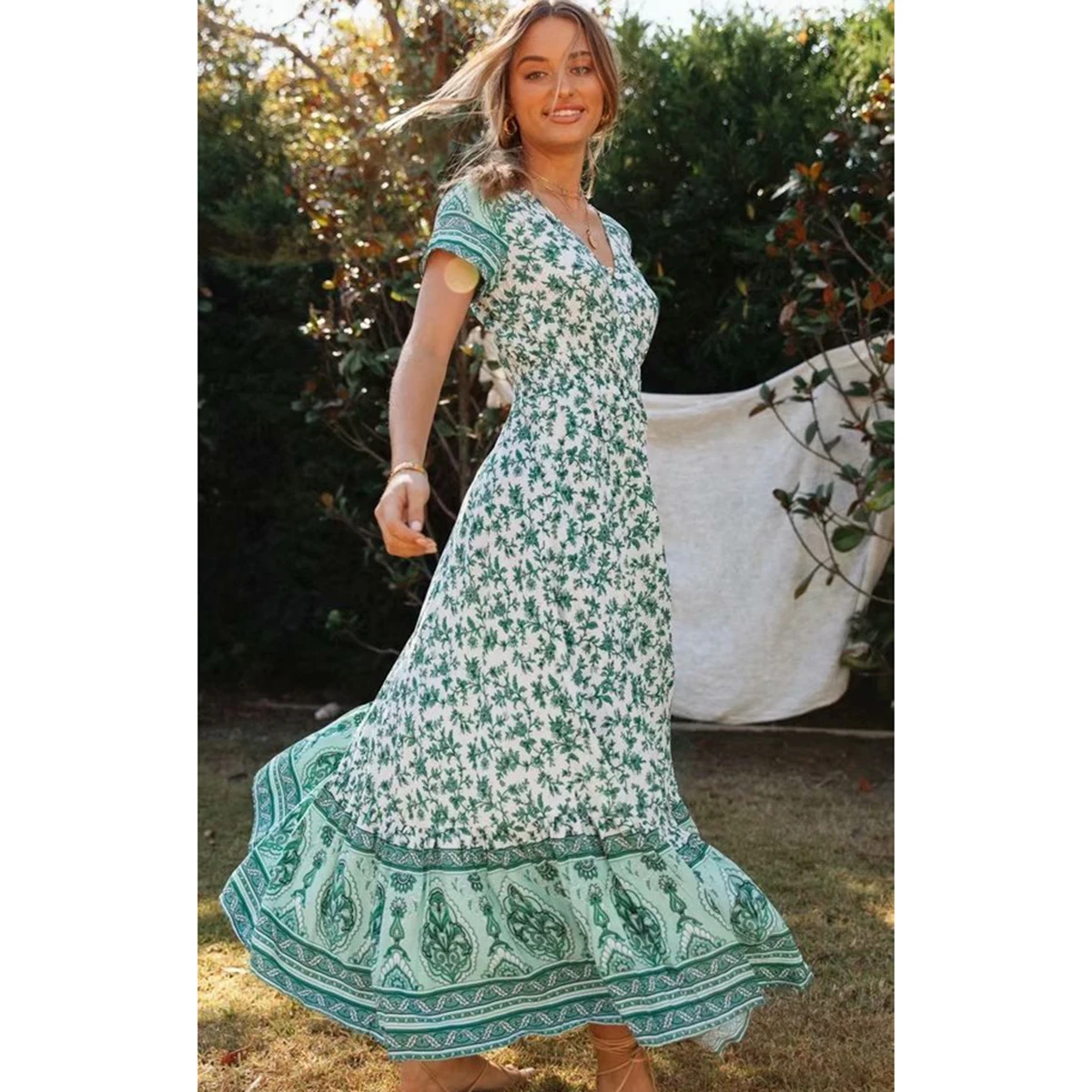 KIYUMI Boho Dress Floral Printed Hippie Maxi Women Rayon Dress Short Sleeves V-neck Vintage Beach Casual Long Dresses Vestidos