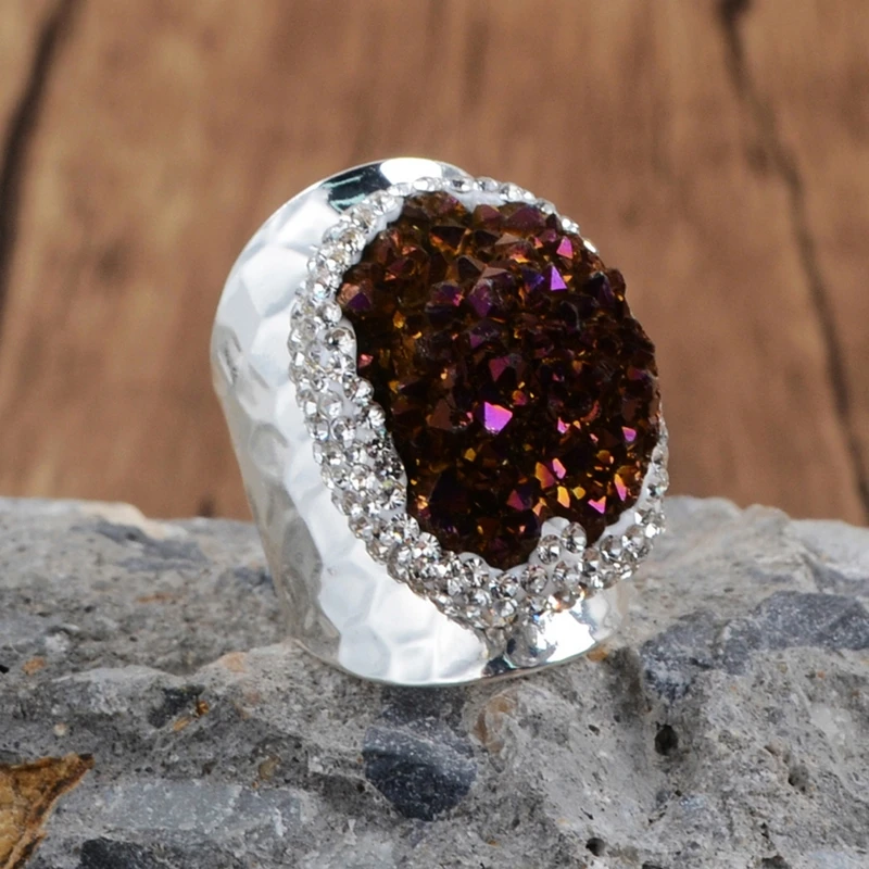 silver-purple Дропшиппинг кольцо с камнем друзы Бохо Радужное кольцо Друза титана для свадьбы ювелирные изделия США европейские драгоценные камни обручальные кольца женское кольцо - Цвет основного камня: silver-purple