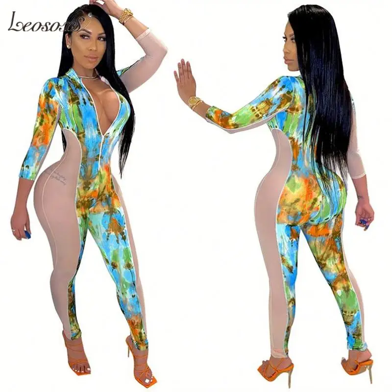 

LEOSOXS summer 2020 tie dye mesh perspective Bodycon Sexy Women One Piece Jumpsuits Rompers For Woman rompers womens jumpsuit