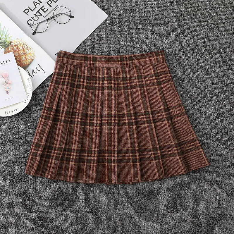 Fall/Winter Women Pleated Skirts High Waist A-Line Female Plaid Skirt Woolen Warm Woman Skirts Harajuku Kawaii Ladies Mini Skirt ruffle skirt Skirts