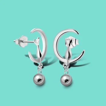 

New 100% 925 Silver Stud Earrings Female Moon Cat Bell Design Earrings Solid Silver Earrings Not Allergic Fine Jewelry for Girls