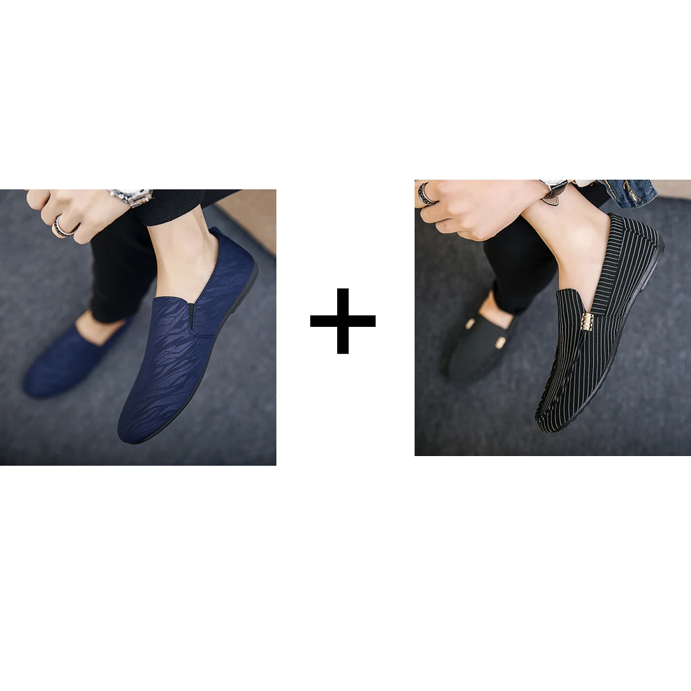 Blue and Black Размера плюс размеры 38–46 модные повседневные мягкие удобные мужские лоферы из парусины; Классическая обувь на плоской подошве обувь для вождения, в ретро стиле, обувь без шнуровки, наборами по 2 пары - Цвет: Blue and Black