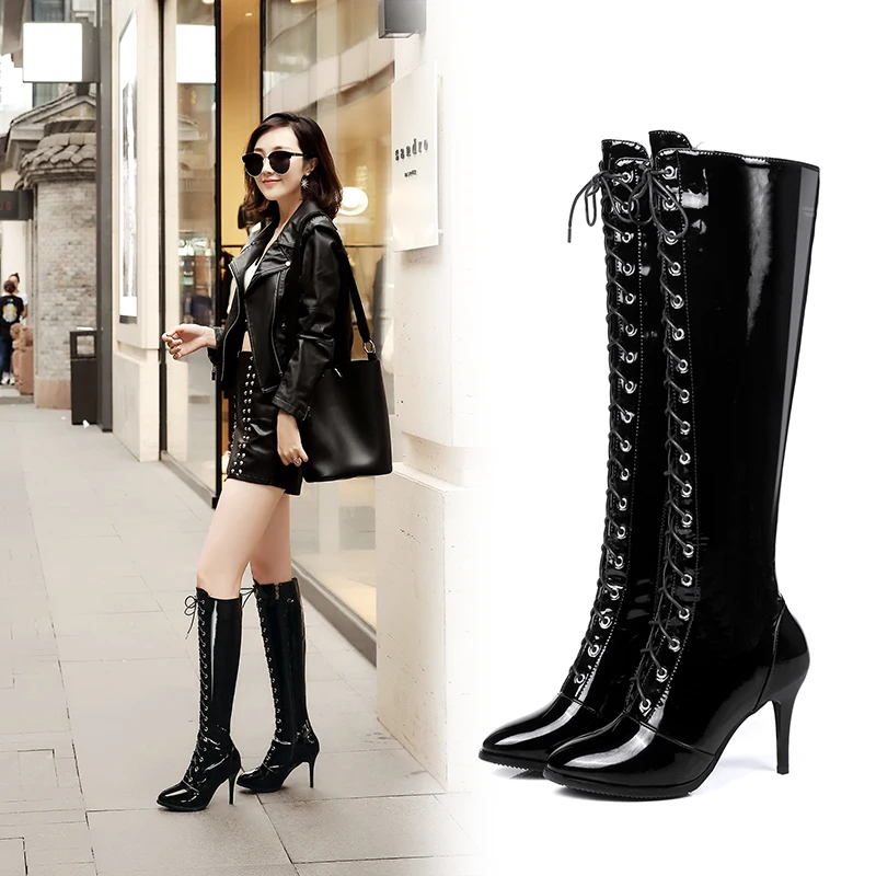 

Women Fashion Knee High Boots Patent Leather Sexy Thin High Heels Long Boots Zipper Winter Fur Warm Pointed Toe Woman Shoes
