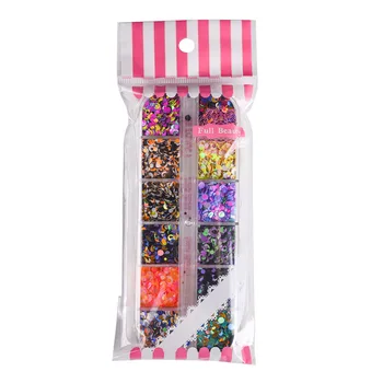 

2019 1 Set 12 Grid Nail Sequins Mixed 3D Glitter Round DIY Flake Nail Art Decor Tool