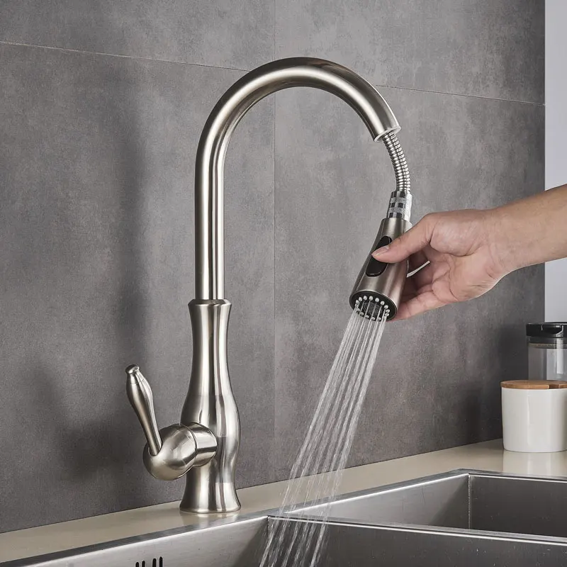 Golden Kitchen Faucets Pull Out Mixer Sink Tap 360 Rotation Single Handle Water 2-way Sprayer Mixer Tap