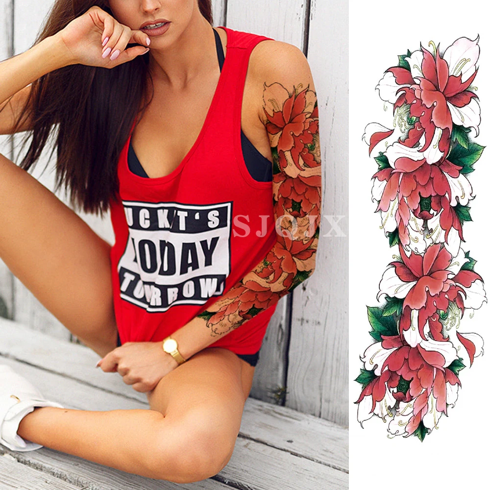 Большие рукава татуировки водонепроницаемые временные розы лотоса женщины девушки цветок татуировки наклейки Череп ангел Мужчины Полный Поддельные черные татуировки