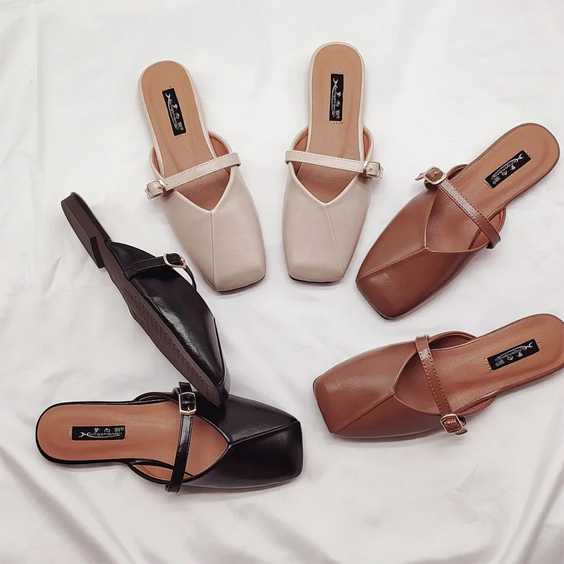 

2019 Summer New Style Metal Buckle Closed-toe Slipper Lazy Sandals Slip-on Convenient Slipper