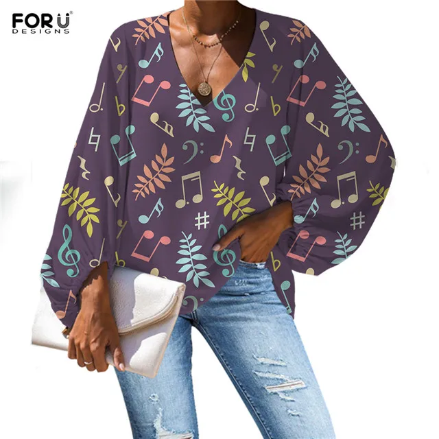 FORUDESIGNS/женские шифоновые блузки с v-образным вырезом и мелом и музыкальными нотами; повседневные рубашки с рукавами-колокольчиками на заказ; весенняя одежда - Цвет: HMC2934B2