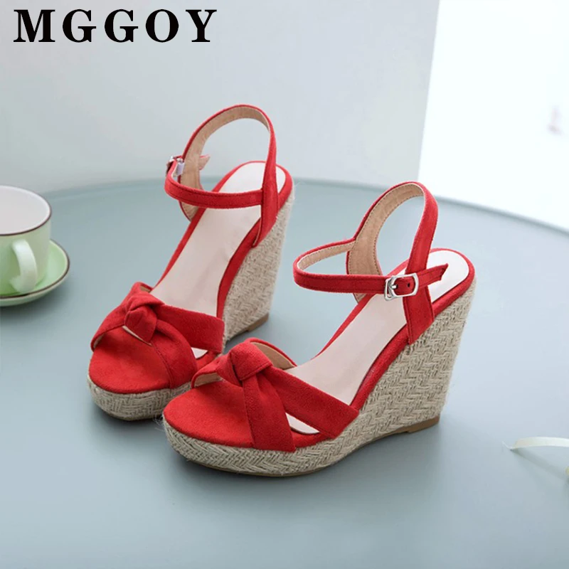 ladies red wedge sandals