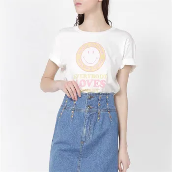

French S 2020 spring summer new round collar loose casual smiling face flocking printed letters joker short sleeve T-shirt women