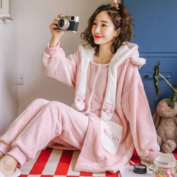 

XIFER Flannel Pajamas Women Autumn and Winter Thick Coral Fleece Hooded Home Clothes Sweet and Cute Mid-length Outer Wear Suit