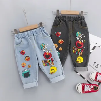 

2020 Autumn Baby Boys Denim Jeans Cartoon Print Elastic Waist Full Length Trousers Children Kids Casual Pants
