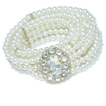 

2019 New Elegant Ladies White Elastic Stretch Faux Pearl Waist Belt Women Diamond gem Buckle Belts for Dress Cinto Feminino