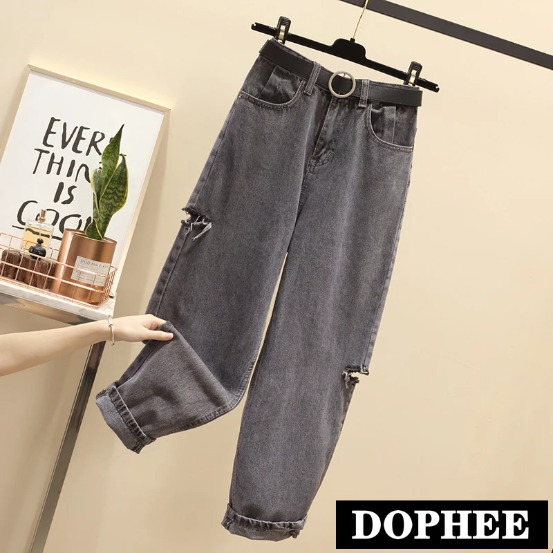 

Holes Jeans Women Spring and Autumn New Korean High Waist Straight Denim Pants Large Size Female Long Trousers Pants