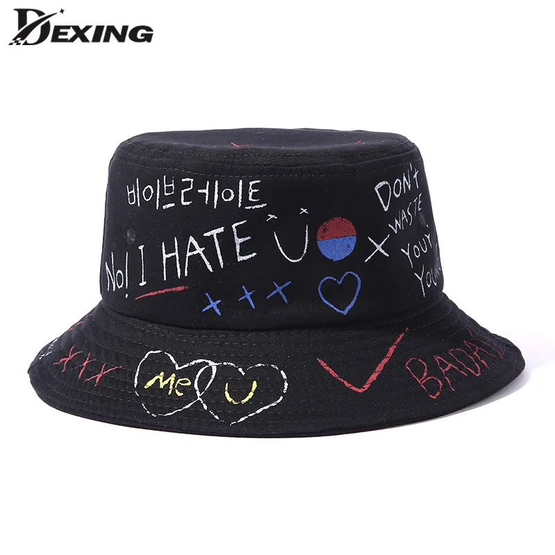 2020 Kids Black White Print Graffiti Fisherman Hat Summer Hip-hop Street Bob Ins Harajuku Bucket Hat for Men Women Panama