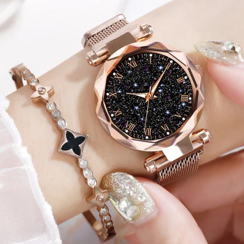 Relojes de pulsera de lujo con cielo estrellado para mujer, reloj de cuarzo con hebilla magnética, superficie geométrica, luminoso