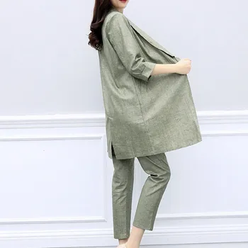 

Women Casual Cotton Linen Blazer Two Piece Set Elegant Ladies Office Work Conjunto Feminino Elastic Waist Pants Long Jacket Suit