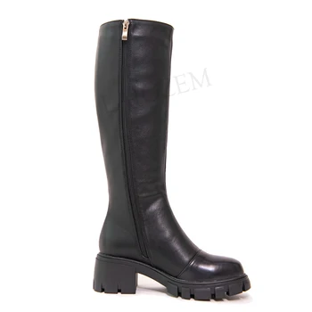 

LAIGZEM Women Knee High Boots Leather+ PU Side Zip Waterproof Chunky Block Heels Boots Shoes Woman Botas Mujer Big Size 37 38 41
