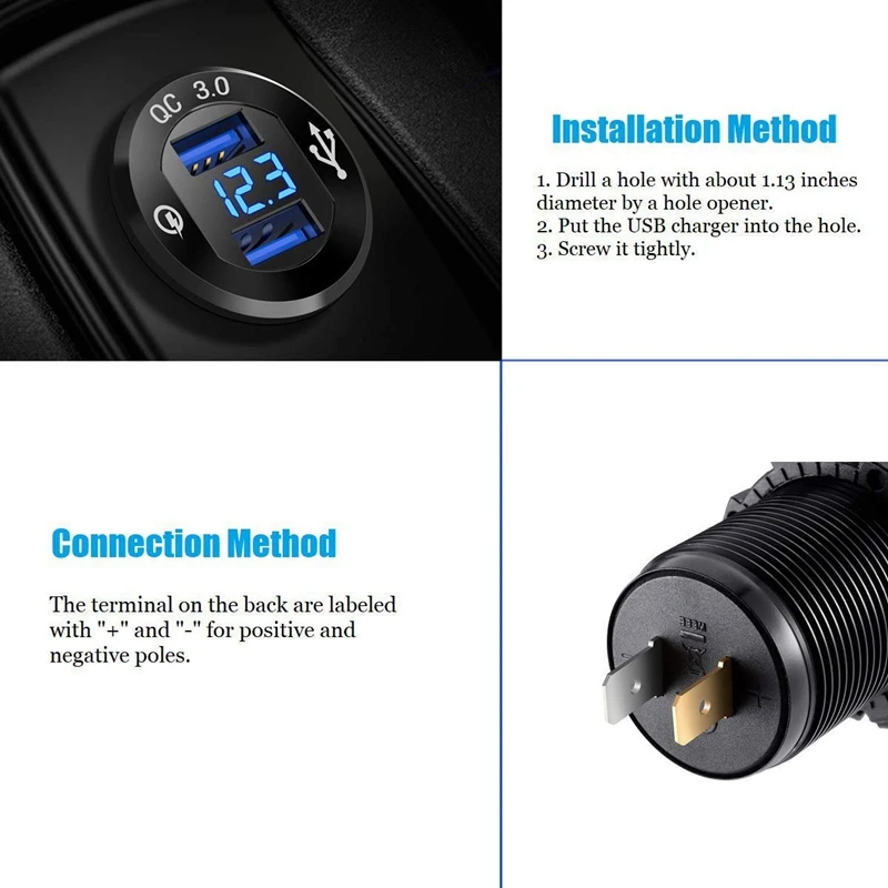 Quick Charge 3.0 Dual USB Charger Socket, Waterproof Aluminum Power Outlet Fast Charge with LED Voltmeter& Wire Fuse DIY Kit fo