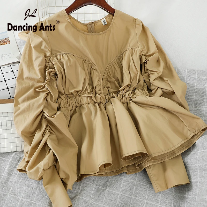 

Woman Shirt O-Neck Long Sleeve Elastic Waist Fold Ruffles Slim Tops 2020 Spring New Chiffon Female Elegant Chic Solid Blouse