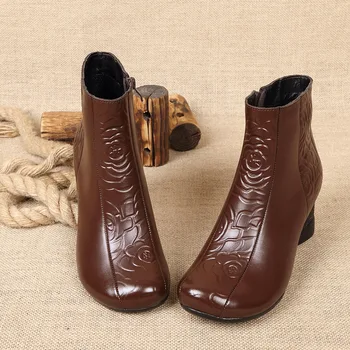 

2019 New Retro Embossed Leather Ankle Boots for Women Shoes High Heel Round Toe Fashion Pumps Winter Fur Boots Booties Woman