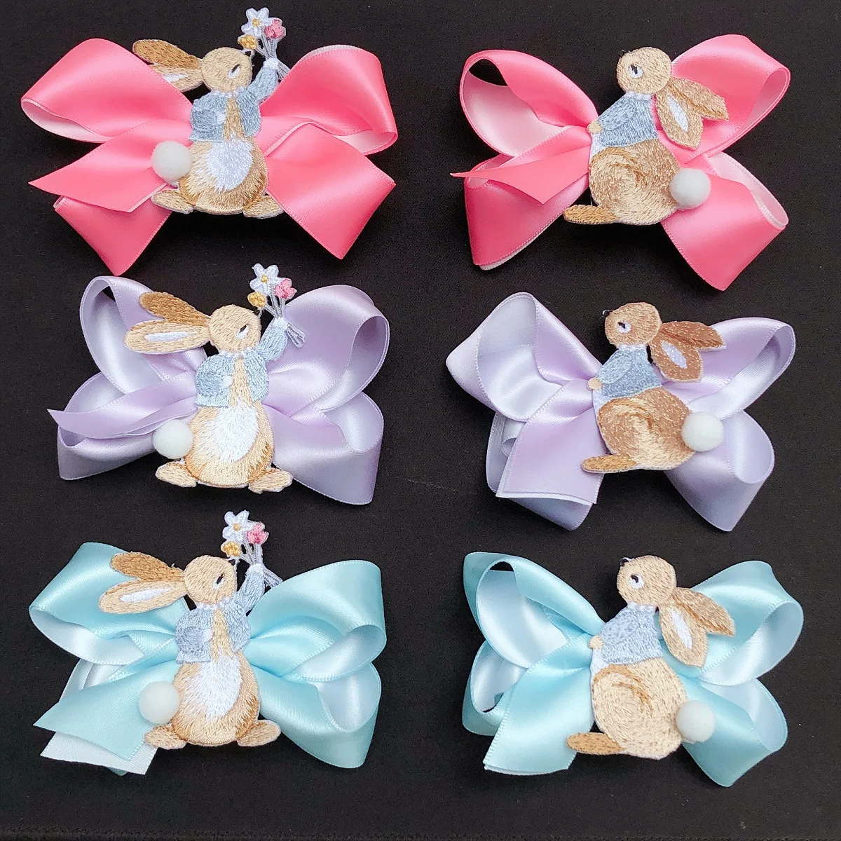 

1pc Boutique Fashion Cute Embroidered Rabbit Bowknot Hair Clip Pom Pom Bunny Grosgrain Bow Hairpins Princess Easter Headwear