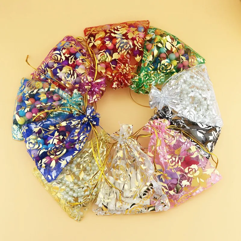 100pcs/lot 10x12cm Birthday Party Wedding Gift Jewelry Packaging Bags Display Pouches Rose Flower Drawable Organza Bags Favor