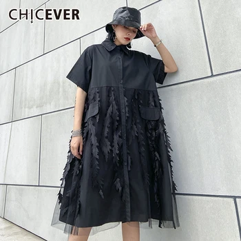 

CHICEVER Patchwork Tassel Mesh Dress Women Lapel Collar Short Sleeve Loose Casual Midi Dresses Female Summer New Clothes 2020