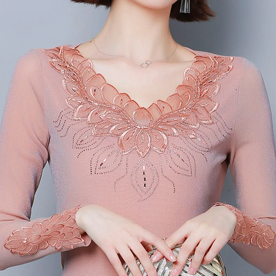  Lace blouse bottoming fashion shirt slim 2019 new autumn women long sleeve Diamonds mesh blouse shi